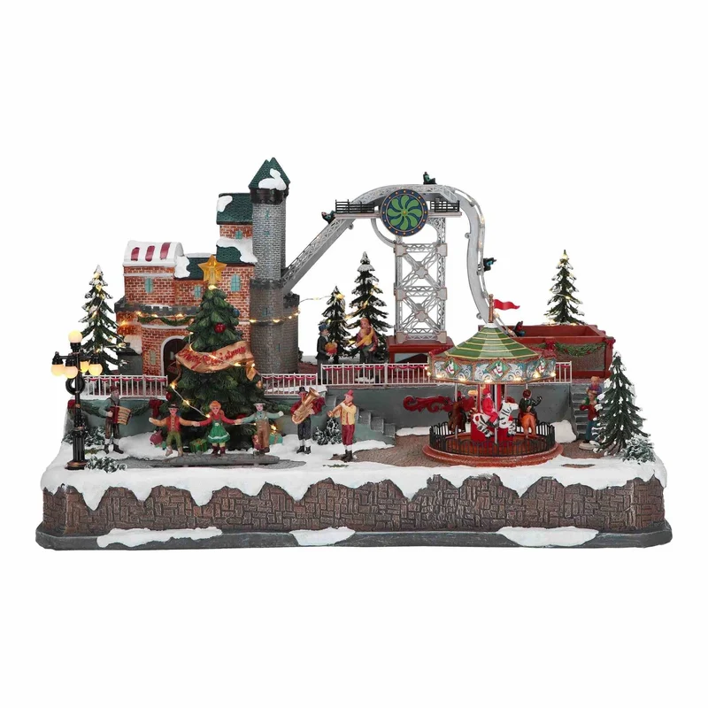 Verlicht Pretpark met bewegende molen, kerstboom en attractie (Nieuw)