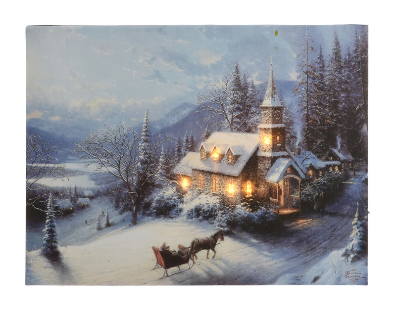 Verlichte kerstschilderij met wintertafereel en kerkje groot (Nieuw)
