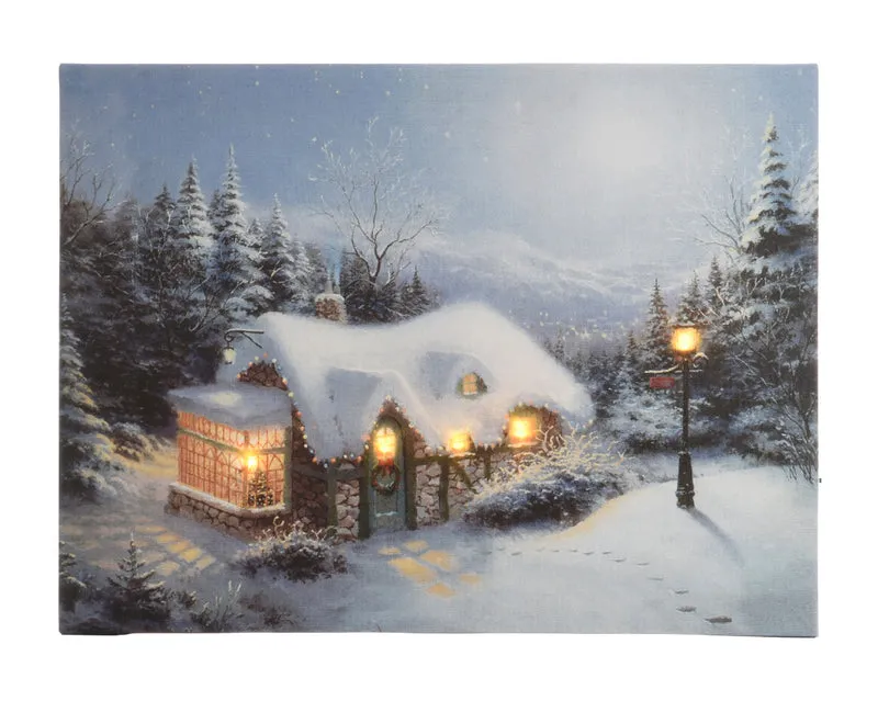 Verlichte kerstschilderij met wintertafereel en huisje groot (Nieuw)