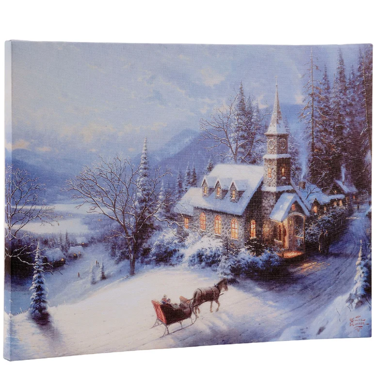 Verlichte kerstschilderij met wintertafereel en kerkje klein (Nieuw)