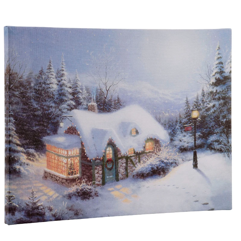 Verlichte kerstschilderij met wintertafereel en huisje klein (Nieuw)