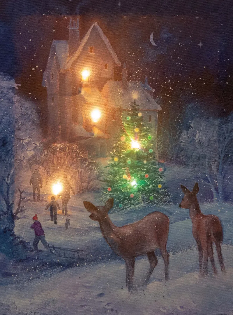 Verlichte kerstschilderij met verlichte kerstboom en rendieren groot (Nieuw)