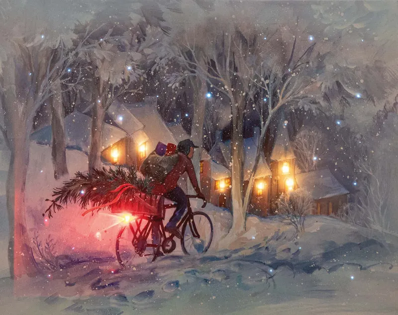 Verlichte kerstschilderij met fietser en besneeuwd dropje groot (Nieuw)