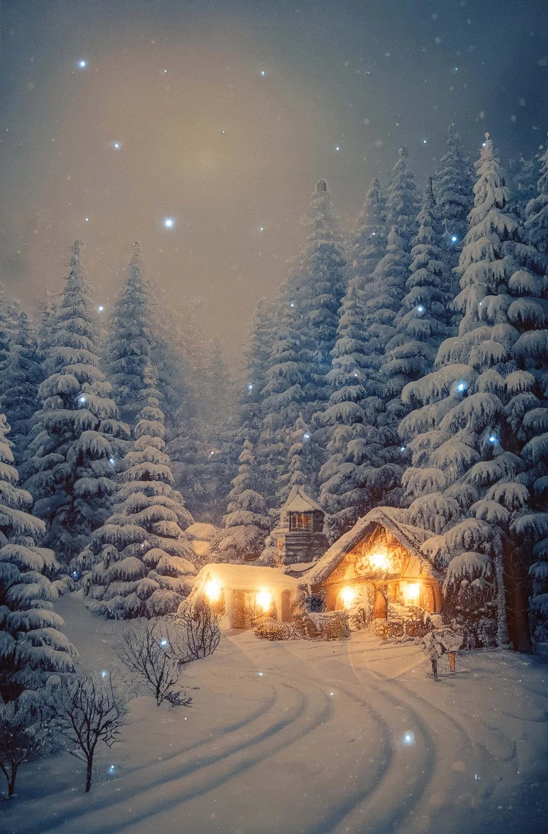 Verlichte kerstschilderij met chalet in besneeuwd dennenbos groot (Nieuw)