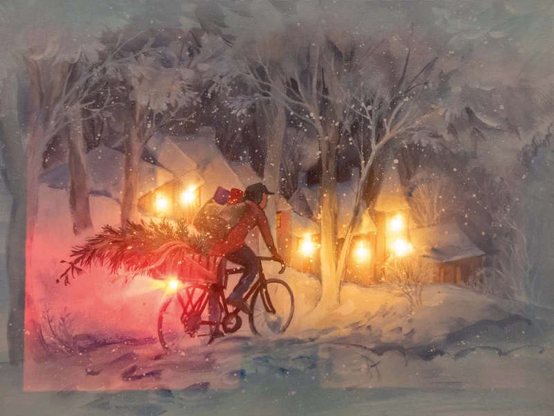 Verlichte kerstschilderij met fietser en besneeuwd dropje klein (Nieuw)
