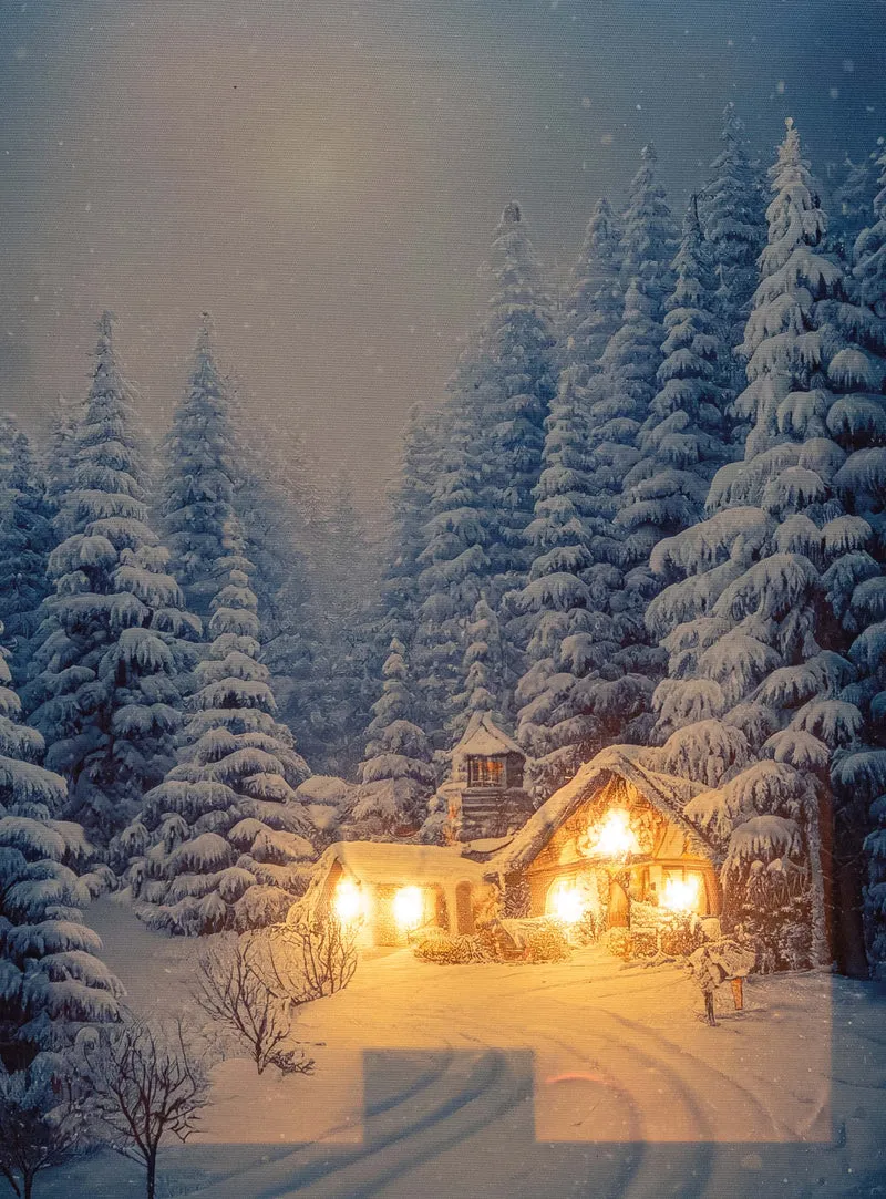 Verlichte kerstschilderij met chalet in besneeuwd dennenbos klein (Nieuw)