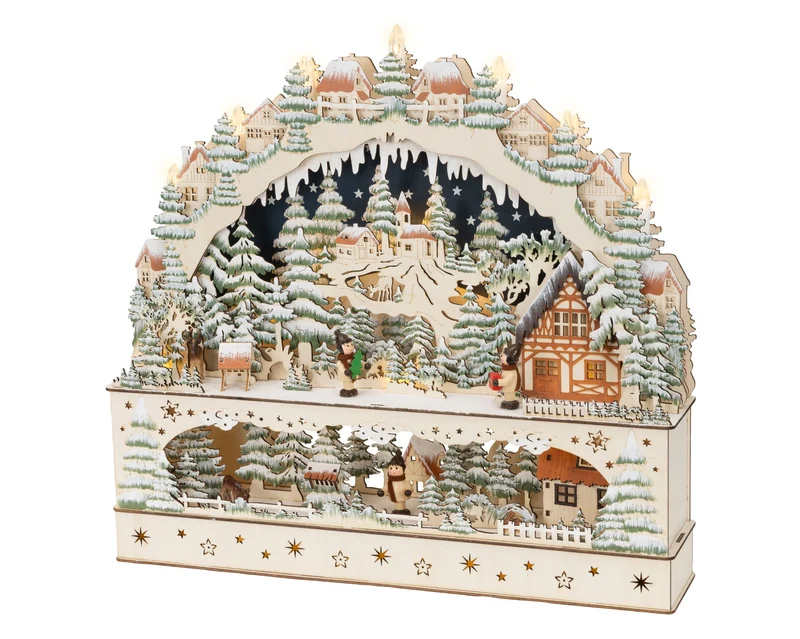Houten Kerstdorp met chalet en kerstbomen (Nieuw)
