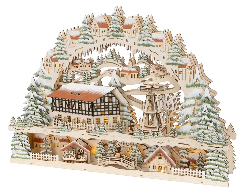 Houten Kerstdorp met chalet en kerstbomen (Nieuw)