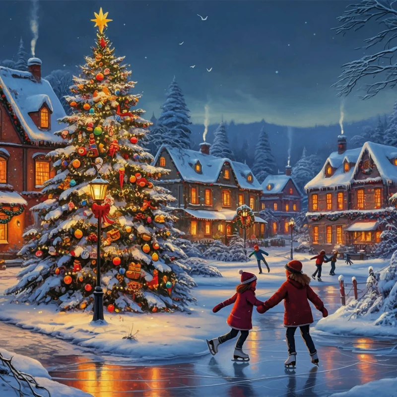 Verlicht kerstschilderij met schaatsende kindjes en besneeuwd dorp (Nieuw)