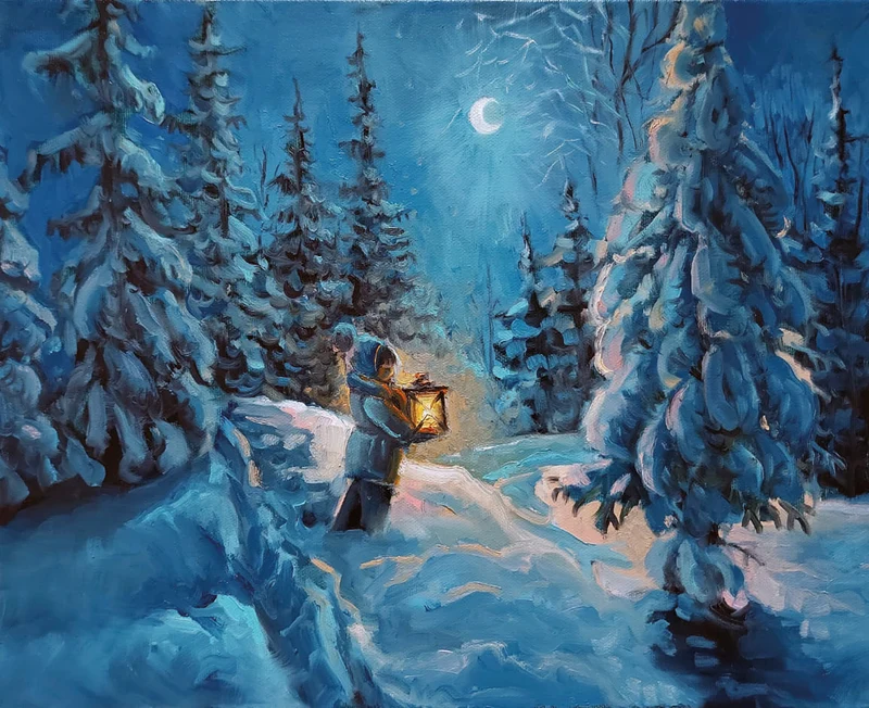 Verlichte kerstschilderij met kindje en een besneeuwd landschap (Nieuw)