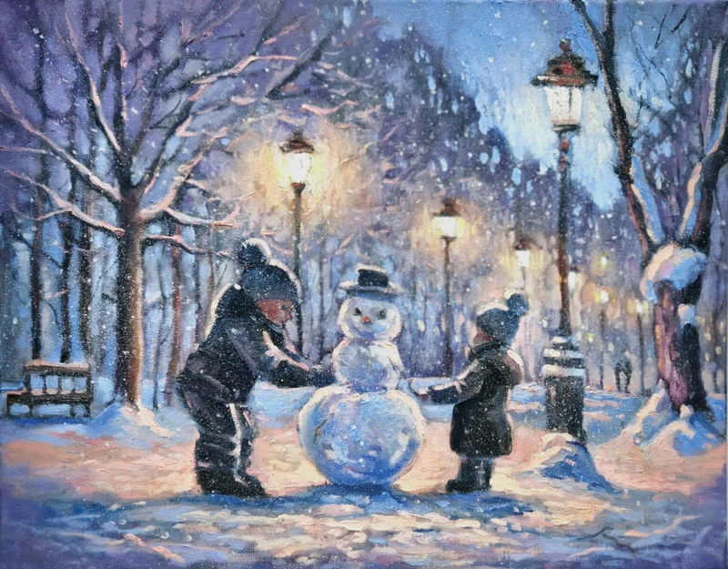 Verlichte kerstschilderij met kinderen en sneeuwman (Nieuw)
