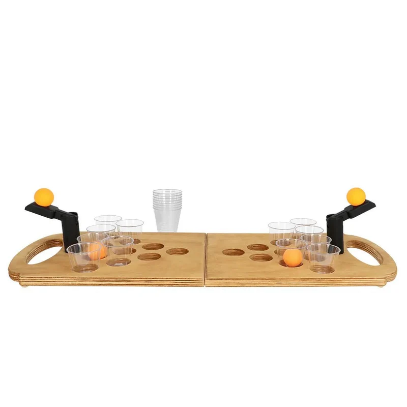 Set drankspel Shot pong (opvouwbaar houten spelbord, 2 shooters, 4 balletjes, 12 shotglaasjes)