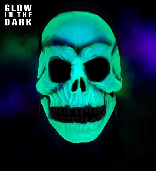 MASKER SCHEDEL MET KAP - LATEX GLOW IN THE DARK