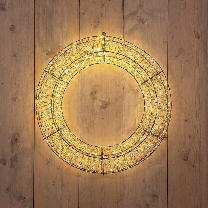 Zwarte Kerstkrans met klassiek warme / warm witte verlichting groot (Nieuw)
