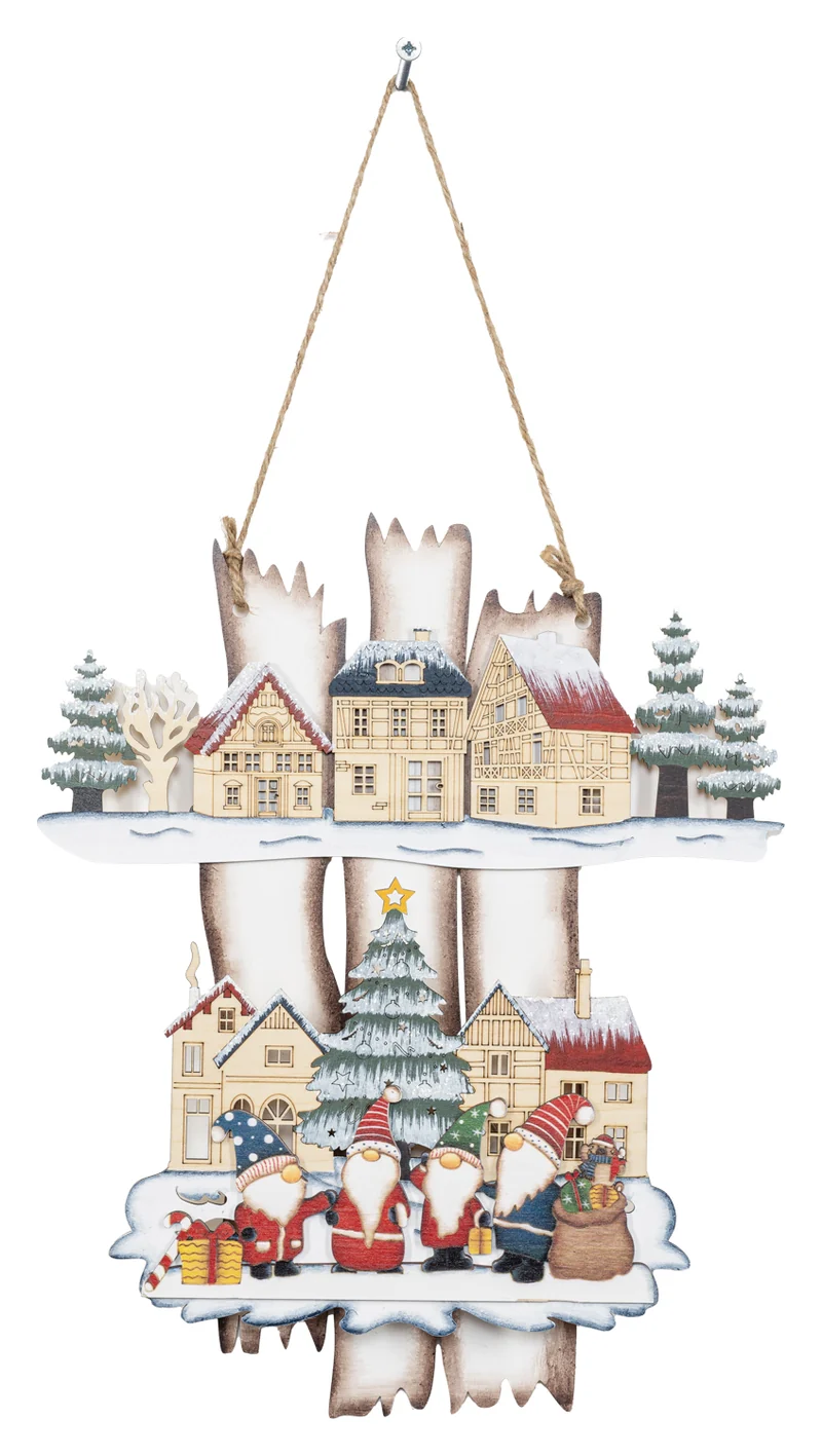 Verlicht houten Bord met kerstdorpje en kerstmannen (Nieuw)