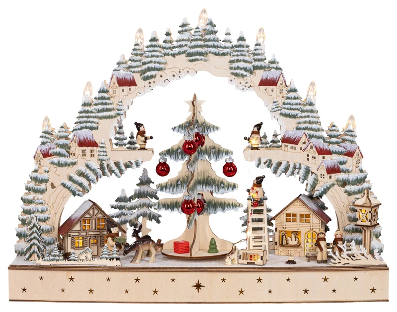 Houten Kerstdorp met draaiende kerstboom (Nieuw)