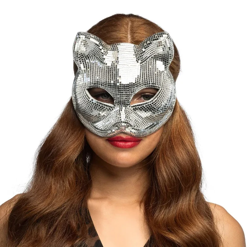Halfmasker Disco cat zilver