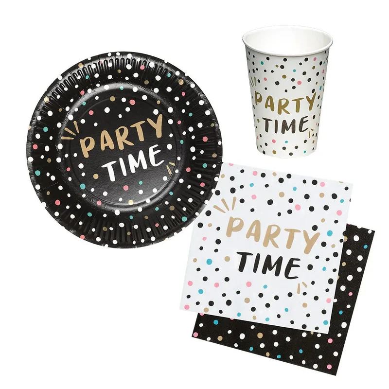 Tafelset 'Party time' (6 bordjes, 6 bekertjes, 12 servetten)