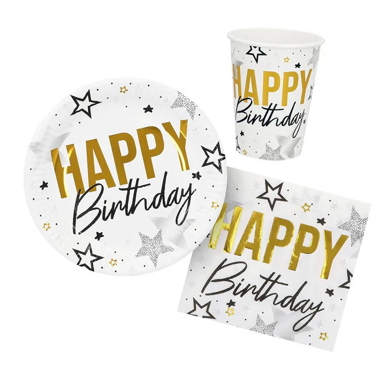 Tafelset 'Happy birthday' (6 bordjes, 6 bekertjes, 12 servetten)