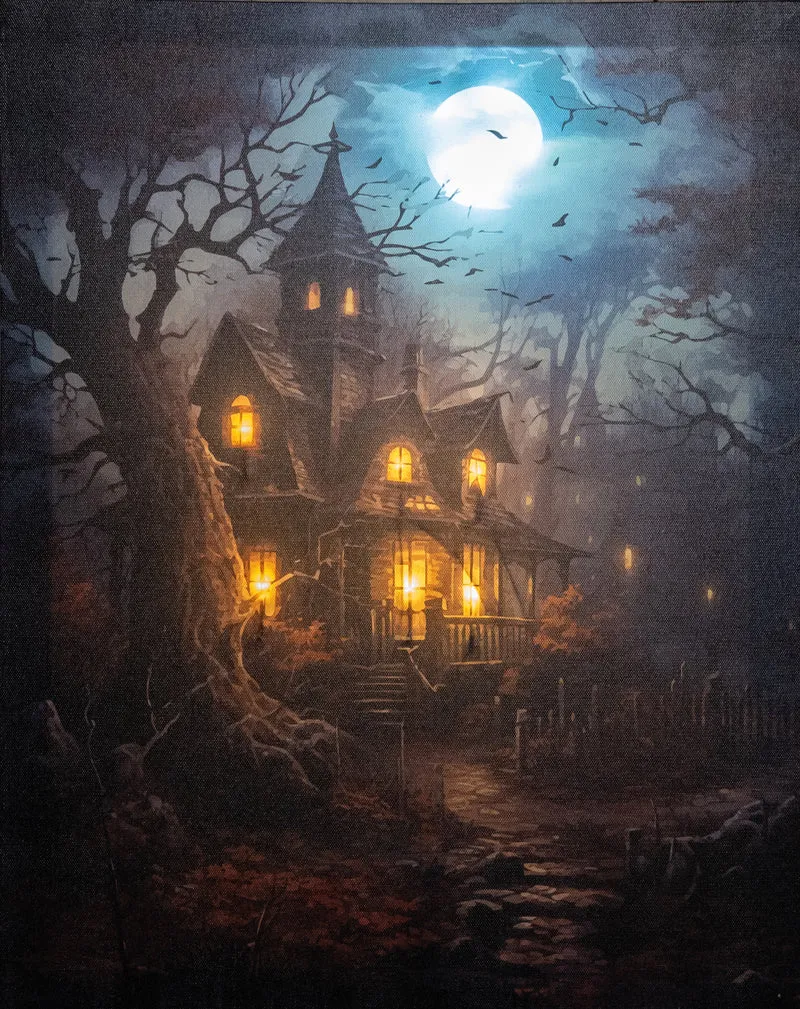Verlichte schilderij met spookhuis groot (Nieuw)