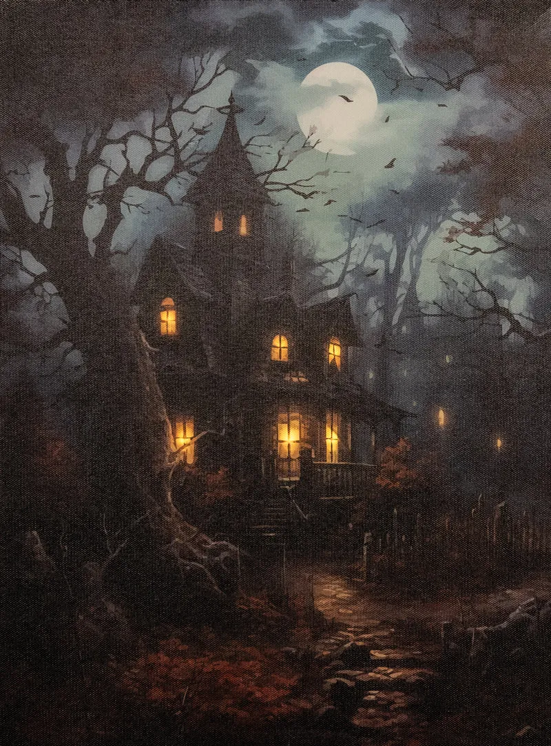 Verlichte kerstschilderij met verlichte spookhuis klein (Nieuw)