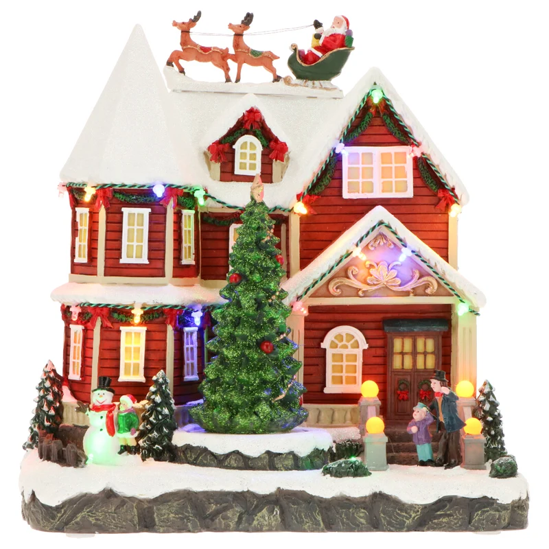Verlicht Kersthuisje met rendierslee en kerstman (Nieuw)