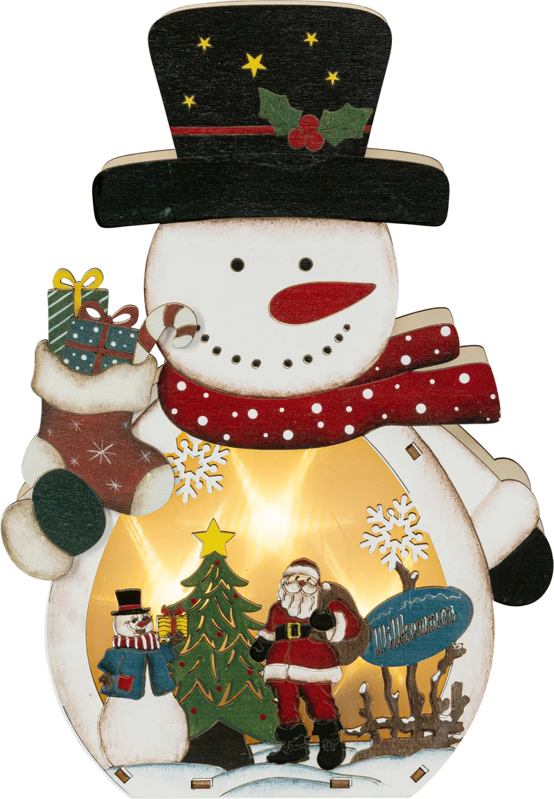 Houten sneeuwman met kerstman verlicht