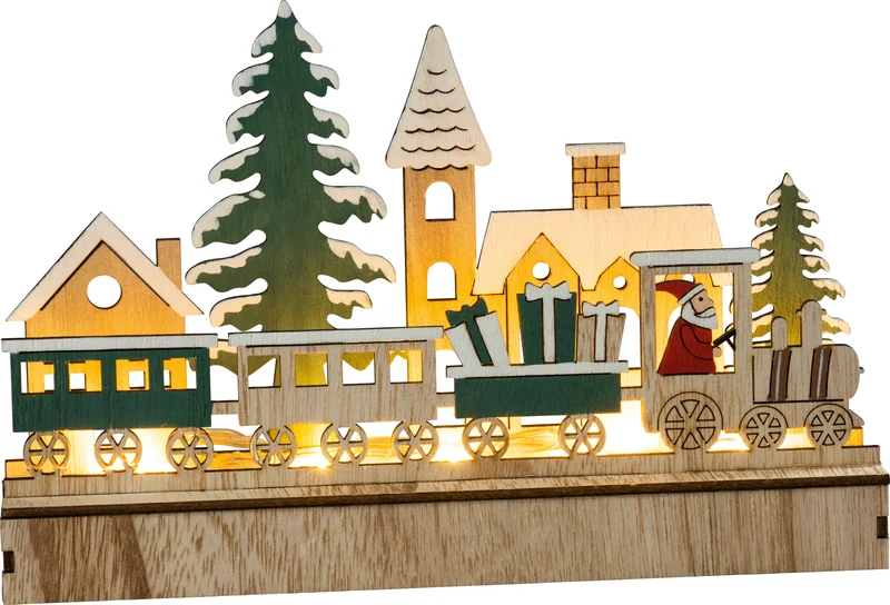 Houten kersttrein met pakjes en kerstman