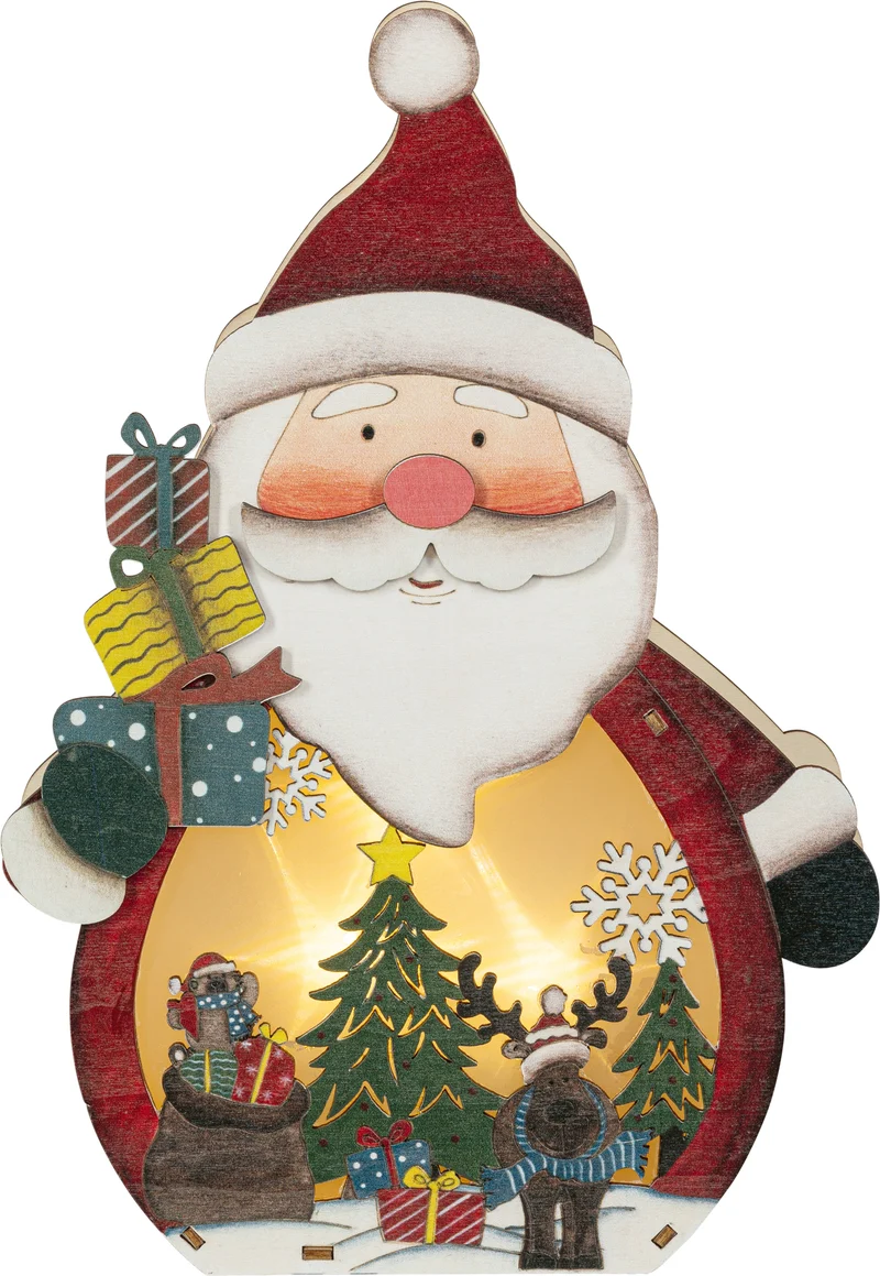 Houten kerstman met rendieren verlicht
