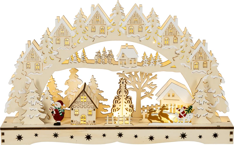 Houten kerstdorpje met kerstman en slee
