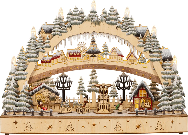 Houten Kerstdorp met boog en kerstmarkt