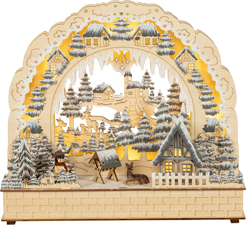 Houten Kerstdorp met boog en Hertjes