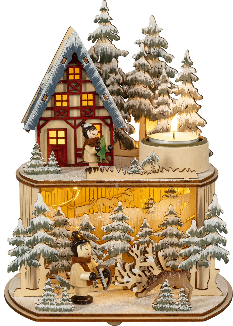 Houten kerstdecoratie met kersthutje en dieren (Nieuw)
