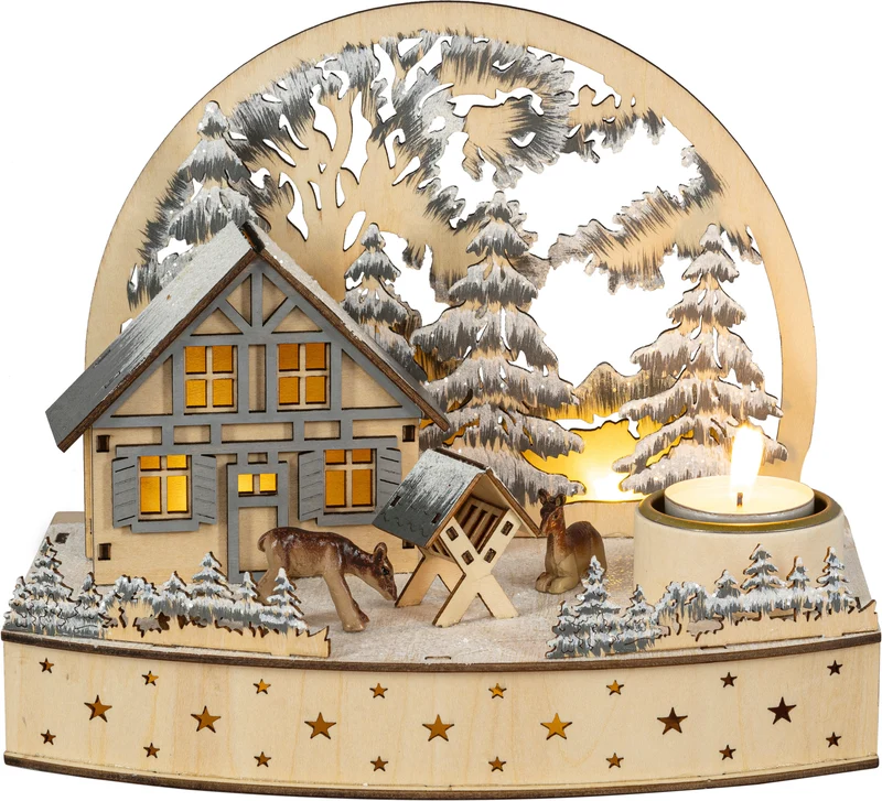 Houten kerstdecoratie met kersthutje en dieren (Nieuw)