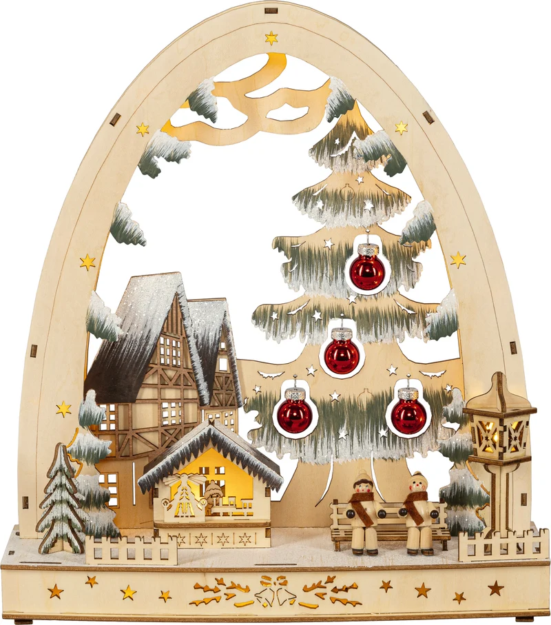 Houten Kerstboom met rode kerstbellen, lichtjes en kerstbomen
