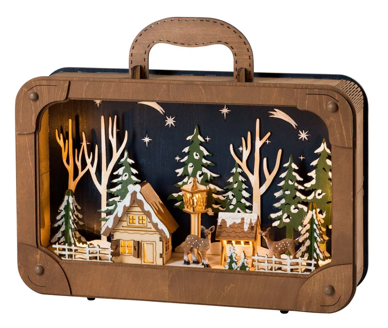 Houten kerstdecoratie als vakantiekoffer met kersttafereel (Nieuw)