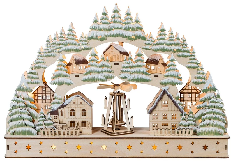 Houten Kerstdorp met boog en draaiende windmolen