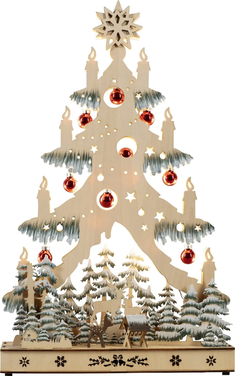 Houten Kerstboom met rode kerstbellen, lichtjes en kerstbomen (Nieuw)