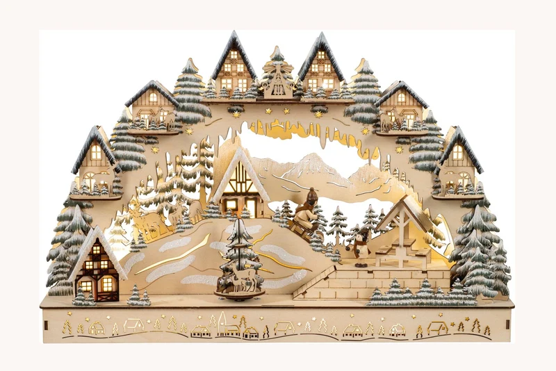 Houten Kerstdorp met boog en slee piste