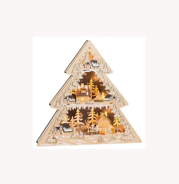 Houten Kerstdecoratie met kerstdorpje in de vorm van kerstboom