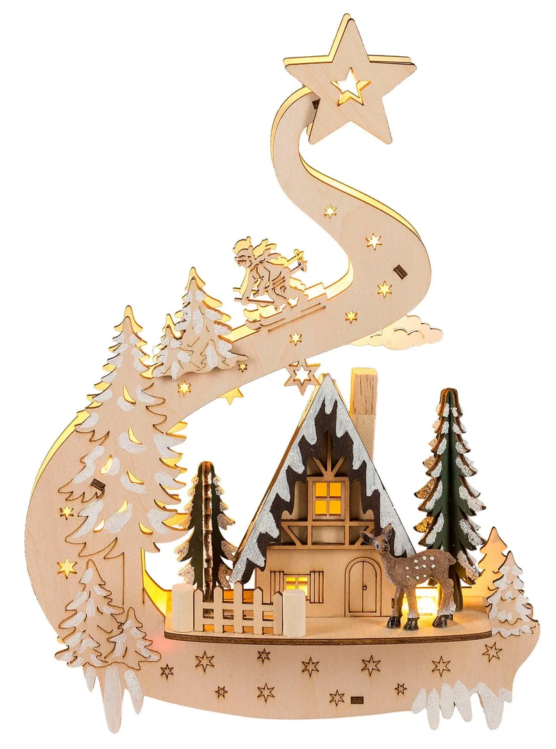 Houten Kerstdecoratie met huisje, hert en skiër