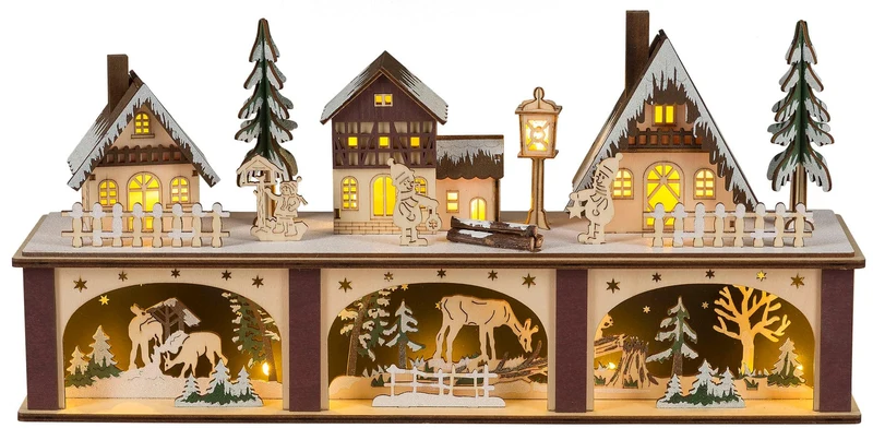 Houten Kerstdorp met kersttafereel en hertjes