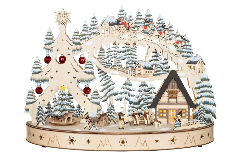 Houten Kerstdorp met kersttafereel en kerstboom
