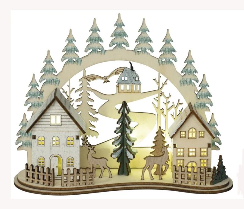 Houten Kerstdorp met kersttafereel in 3D