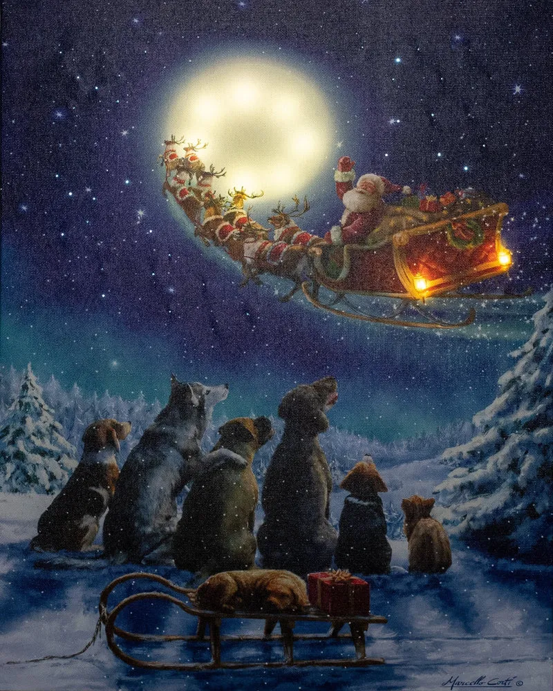 Verlichte kerstschilderij met vliegende slee en honden