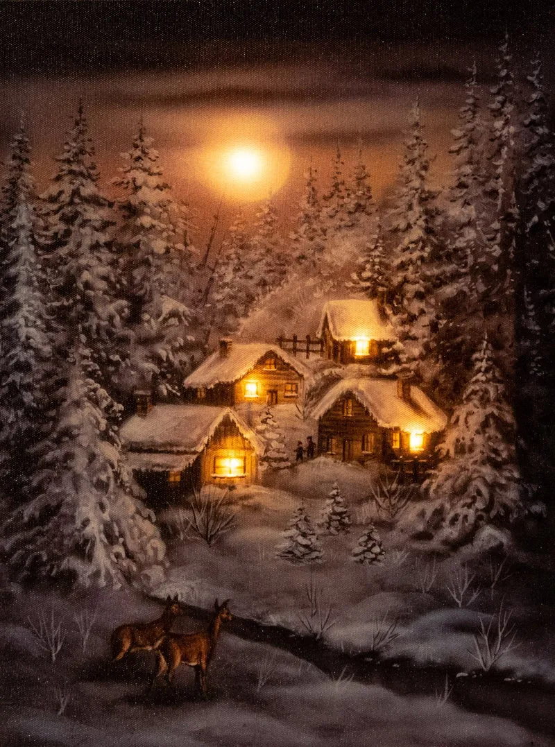 Verlichte kerstschilderij met wintertafereel en rendieren klein