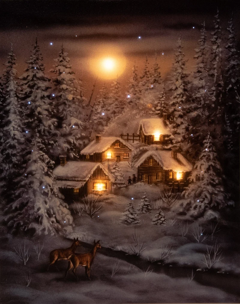 Verlichte kerstschilderij met wintertafereel en rendieren groot