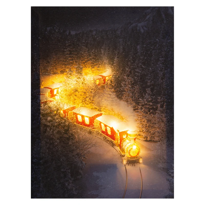 Verlichte kerstschilderij met verlichte trein klein