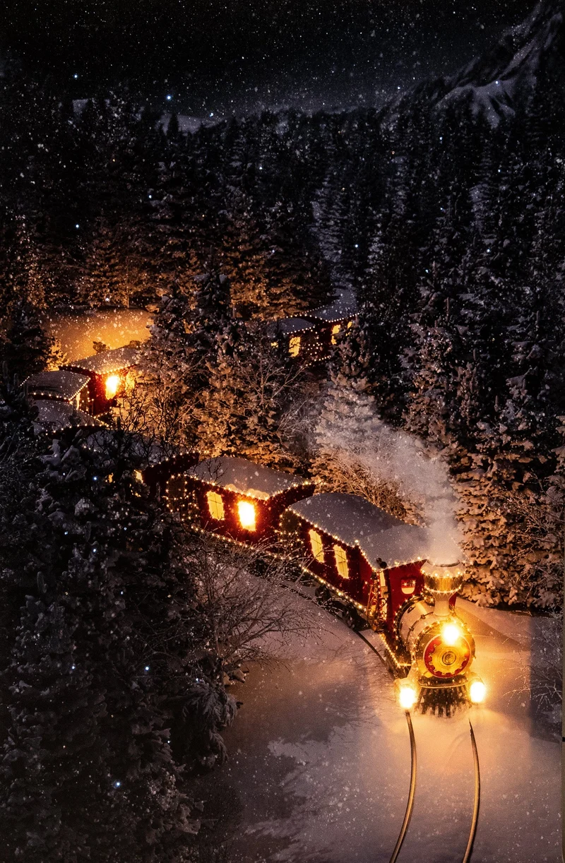 Verlichte kerstschilderij met verlichte trein groot