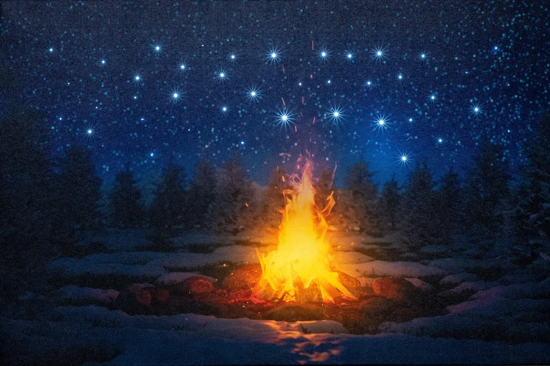 Verlichte kerstschilderij met levensecht kampvuur